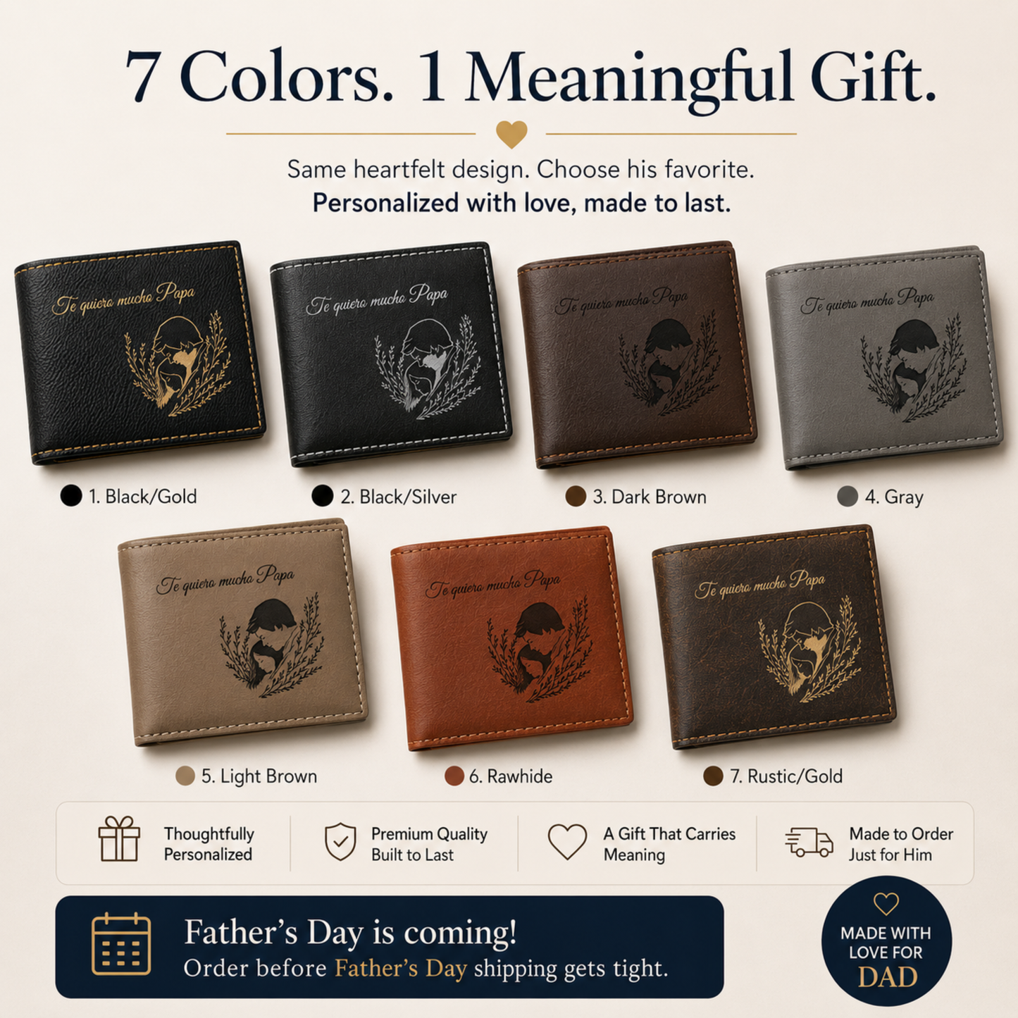 Te Quiero Mucho Papa A Personalized CO2 Laser Engraved Bifold Wallet Carrying Family Close Every Day