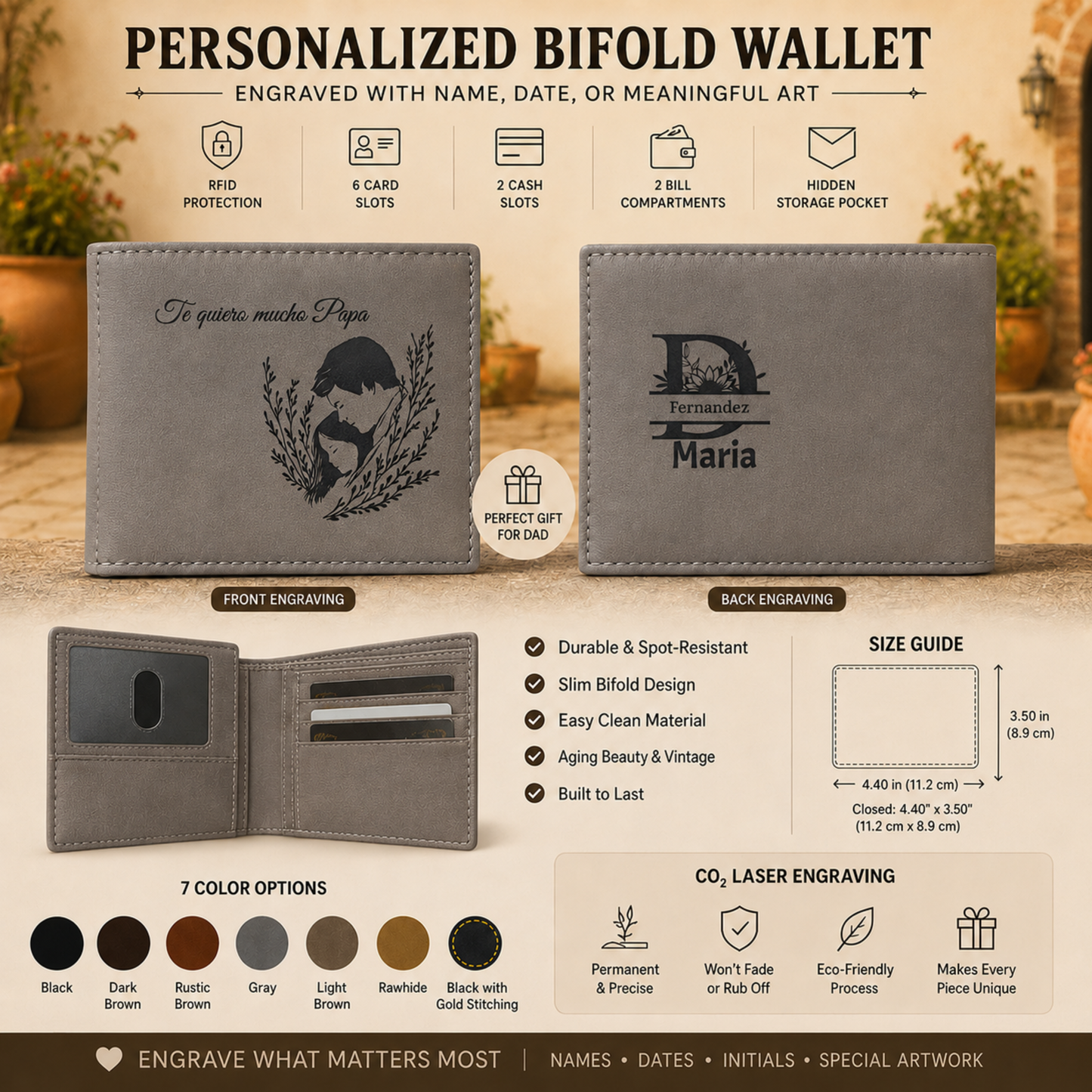 Te Quiero Mucho Papa A Personalized CO2 Laser Engraved Bifold Wallet Carrying Family Close Every Day